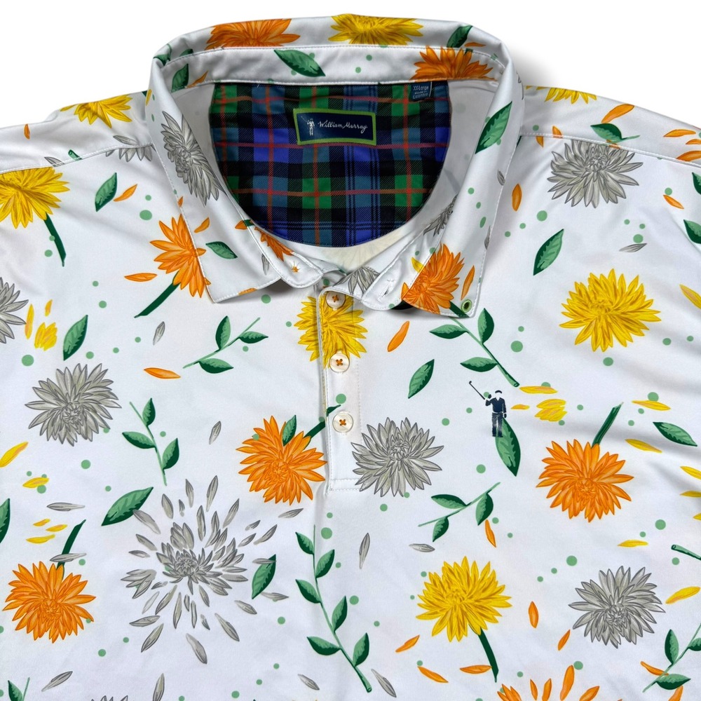 William Murray Golf Polo Men XXL White Floral Chrysanthemum Performance Shirt